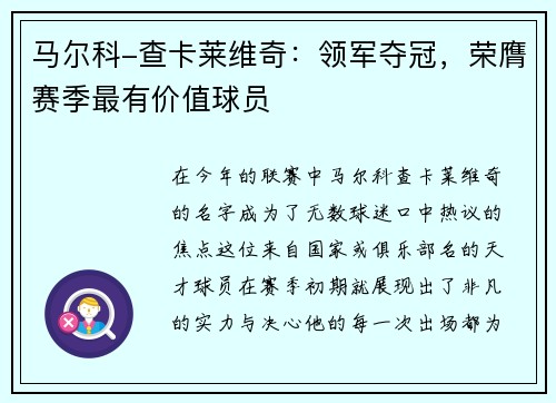 马尔科-查卡莱维奇：领军夺冠，荣膺赛季最有价值球员